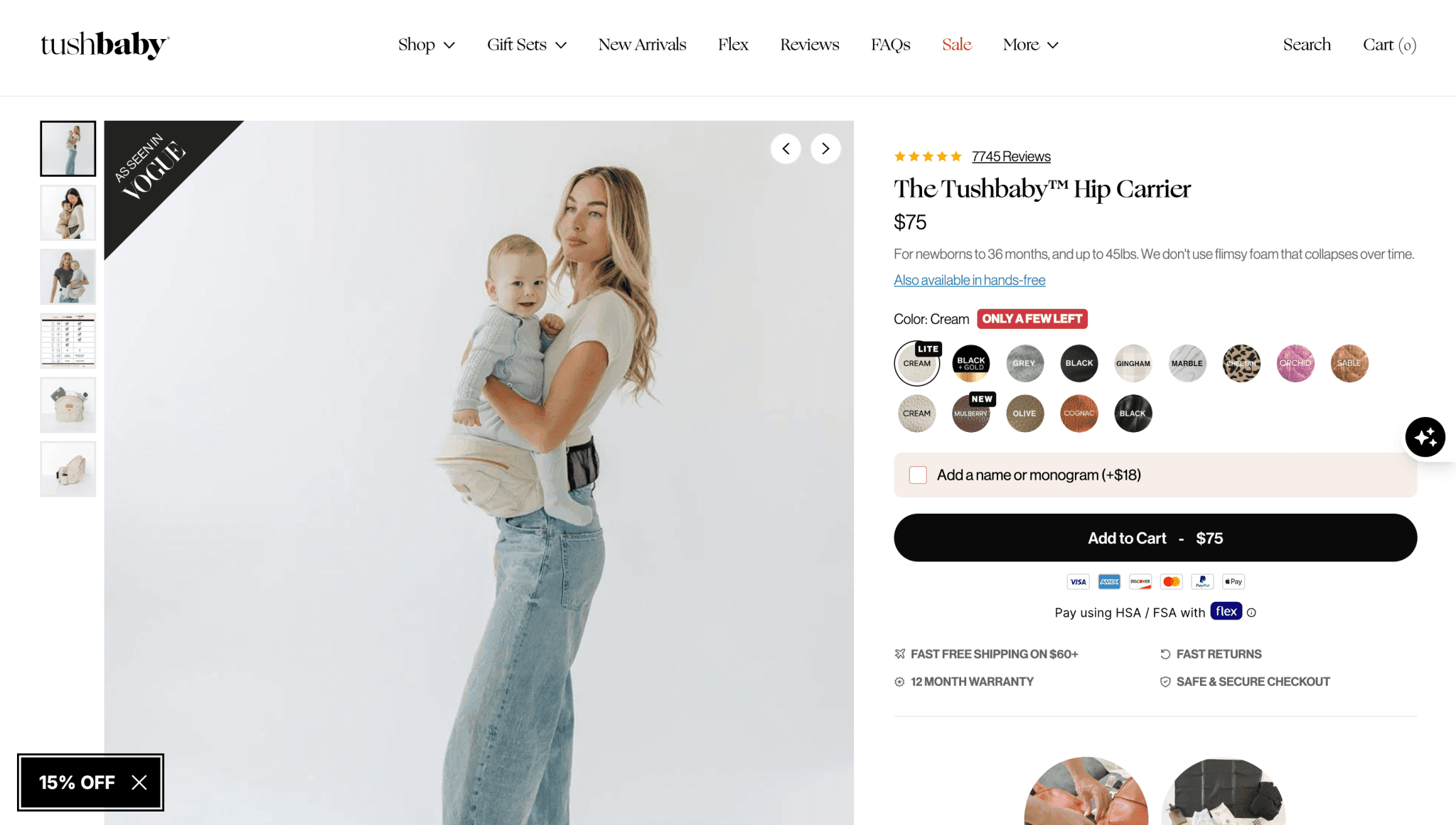 Tushbaby hip carrier product page after conversion-focused UX and trust-signal improvements