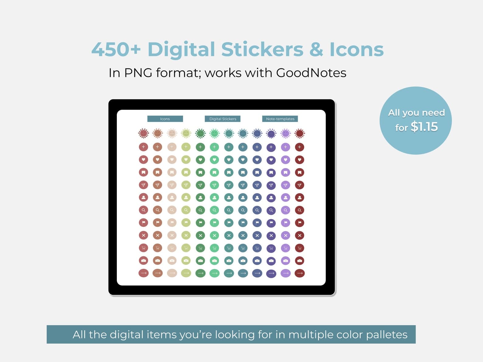 450+ digital stickers and icons tablet preview for GoodNotes in multiple colors