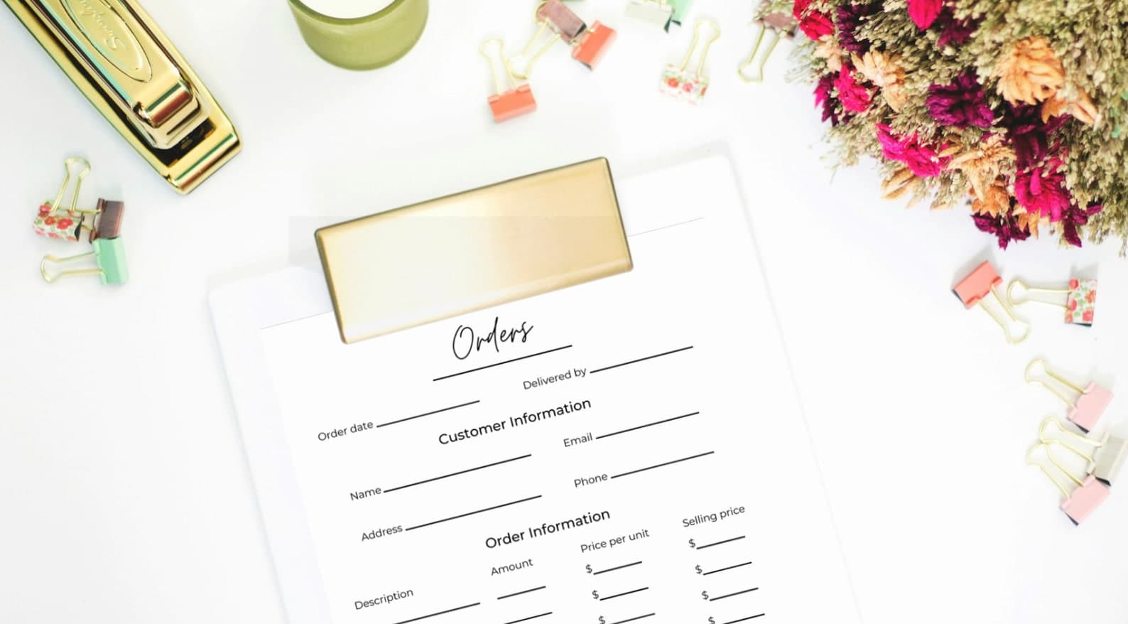 Order form desk mockup on a workspace with pen and laptop