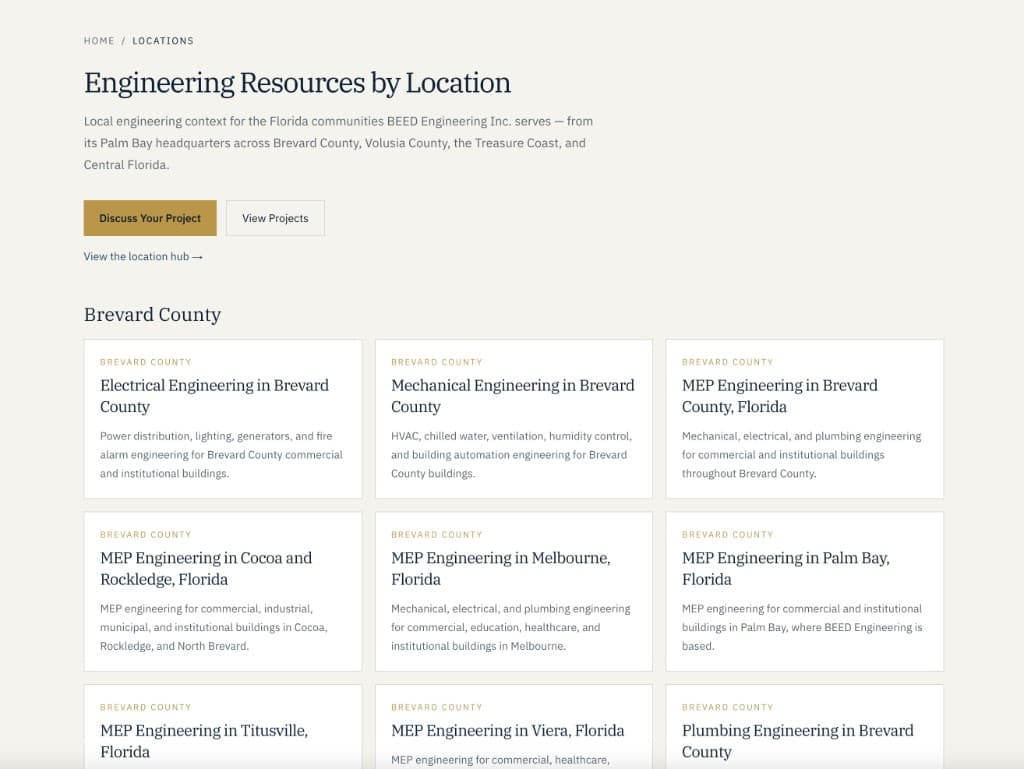 BEED Engineering location resources page showing Brevard County service and city cards