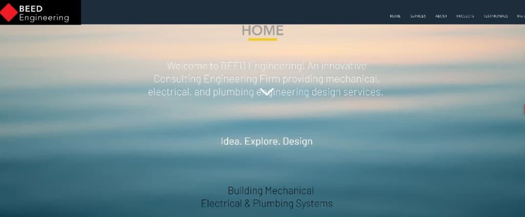 Legacy BEED Engineering Wix homepage with centered welcome copy and thin navigation