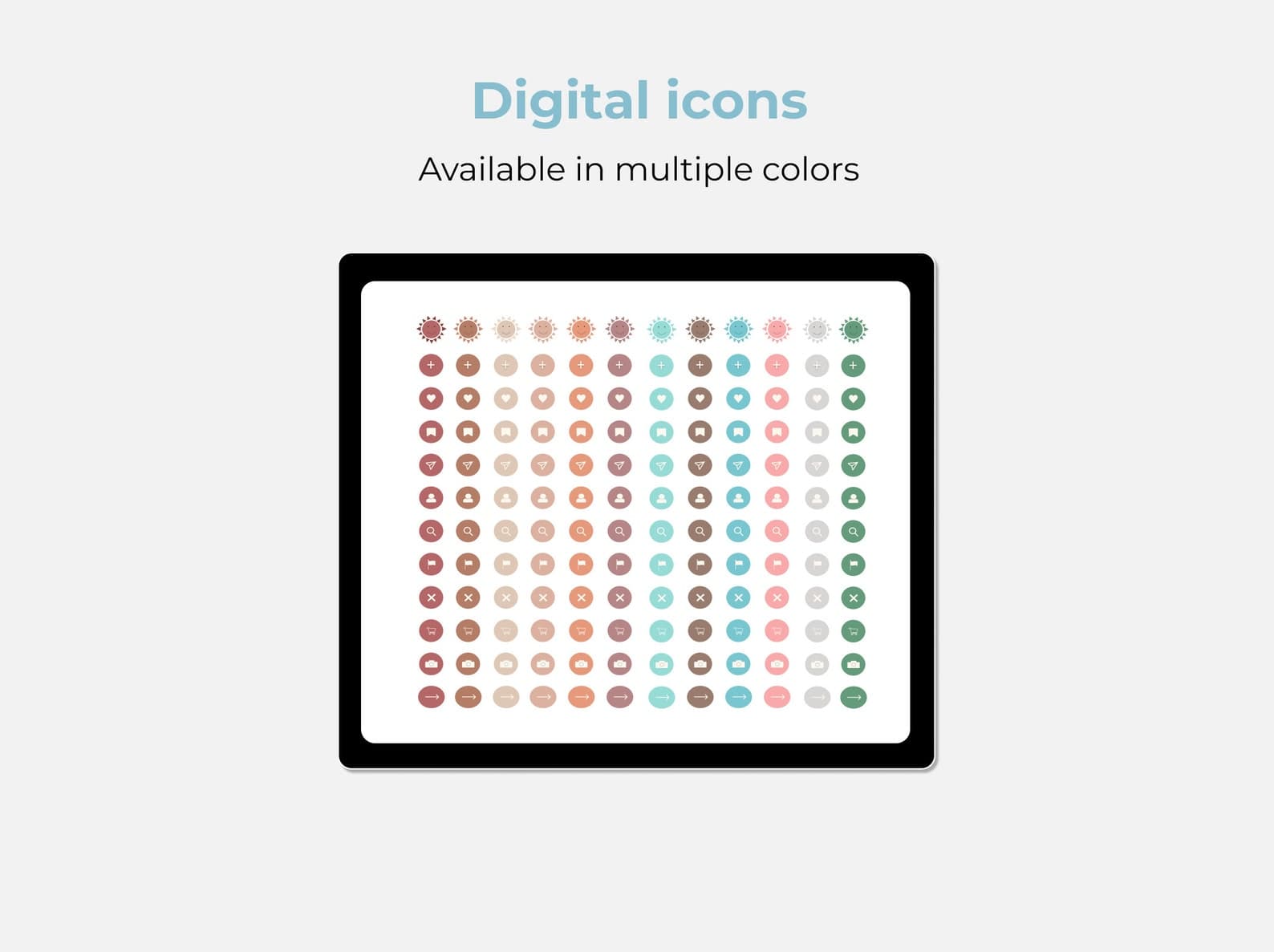Digital icons available in multiple color columns on a tablet screen