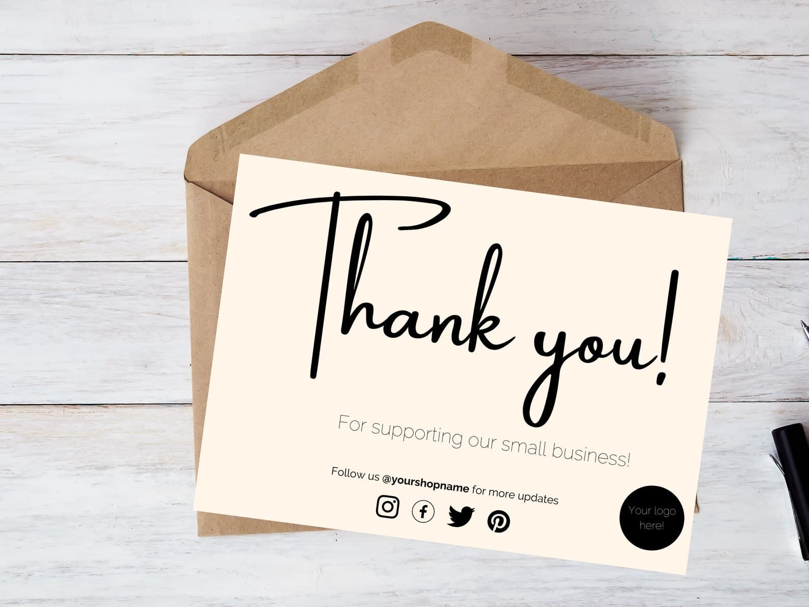 Cream thank-you card on kraft envelope for business packaging inserts