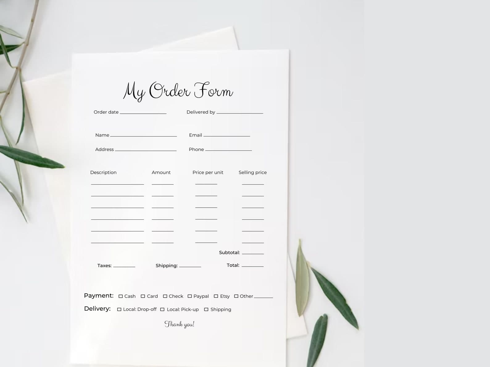 Minimal My Order Form printable Canva template with olive branch styling