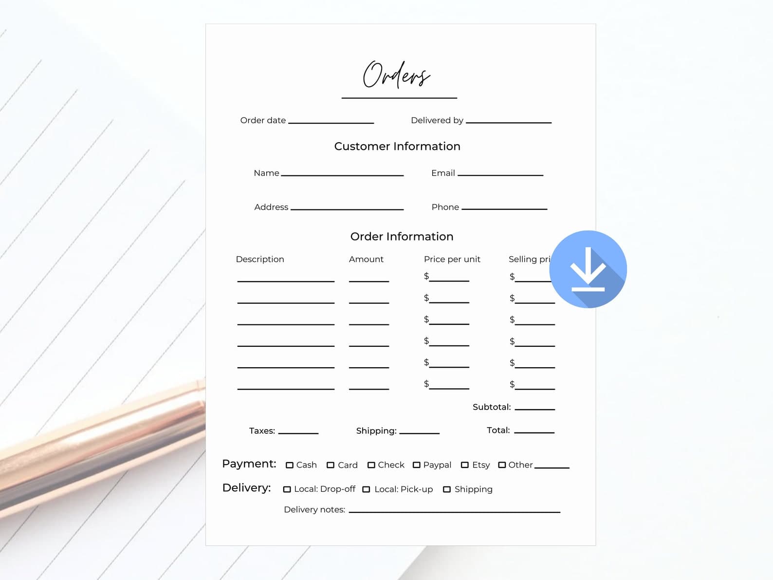 Editable printable order form template preview with payment and delivery checkboxes