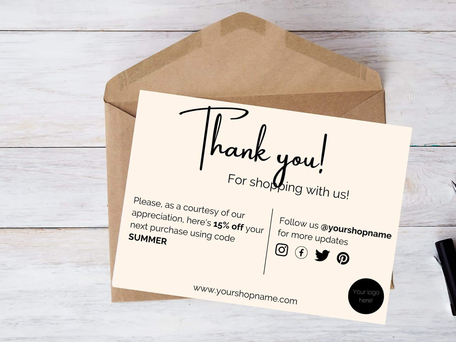 Grey digital thank-you note mockup on kraft envelope