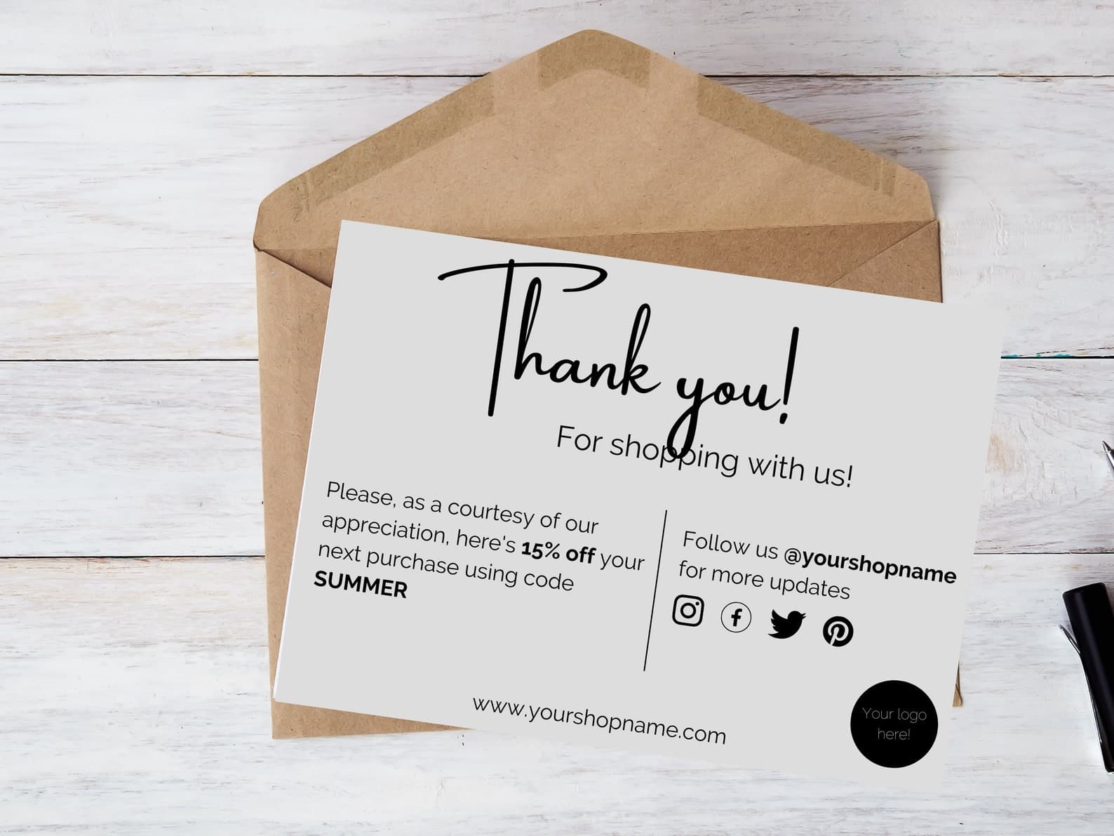 Grey thank-you card template with SUMMER discount and social icons